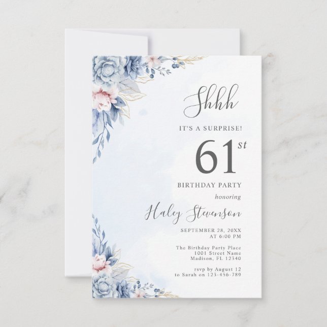 Invitation Aquarelle Dusty Blue Surprise 61ème anniversaire (Devant)