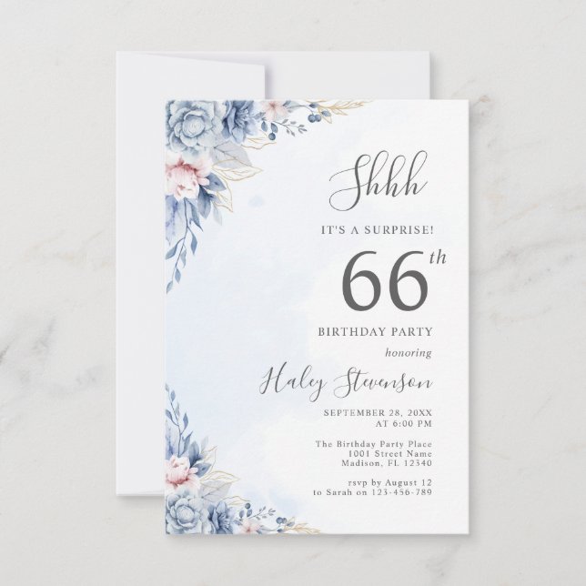 Invitation Aquarelle Dusty Blue Surprise 66e fête d'anniversa (Devant)