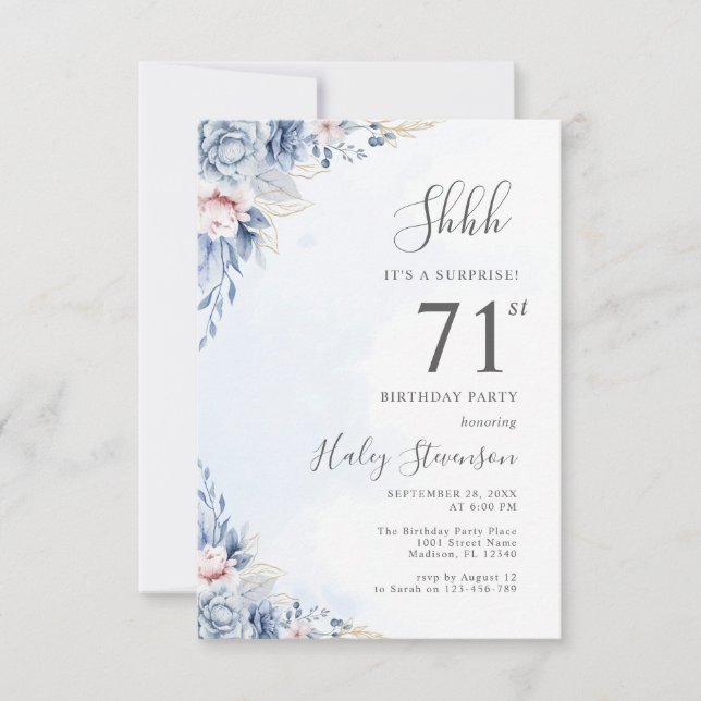 Invitation Aquarelle Dusty Blue Surprise 71ème anniversaire (Devant)
