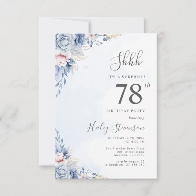 Invitation Aquarelle Dusty Blue Surprise 78e anniversaire (Devant)