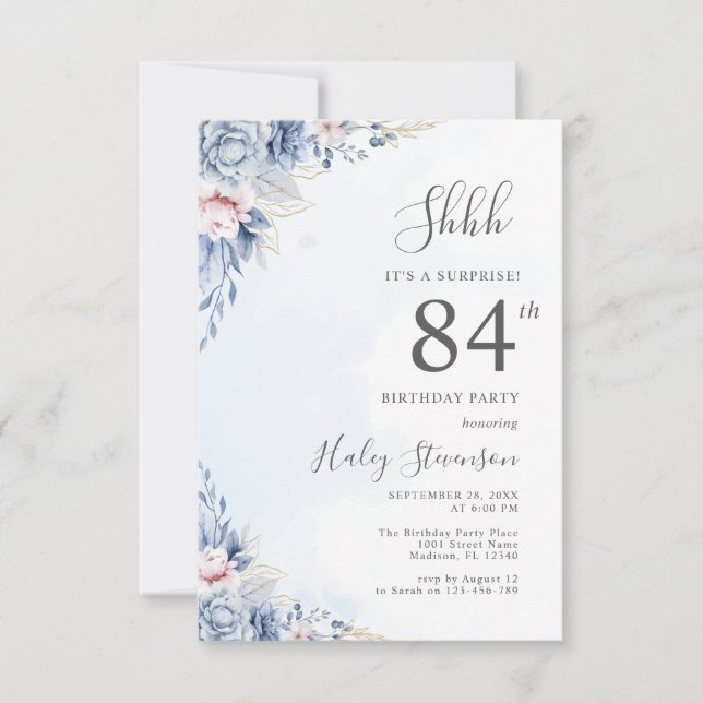 Invitation Aquarelle Dusty Blue Surprise 84e anniversaire (Devant)