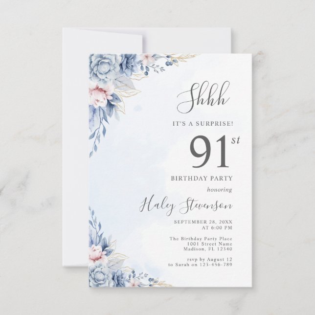 Invitation Aquarelle Dusty Blue Surprise 91ème anniversaire (Devant)
