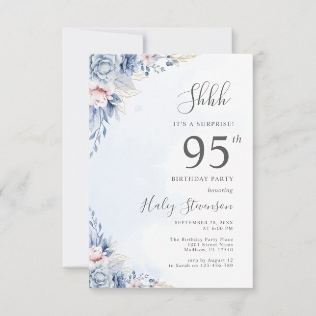 Invitation Aquarelle Dusty Blue Surprise 95e anniversaire (Devant)