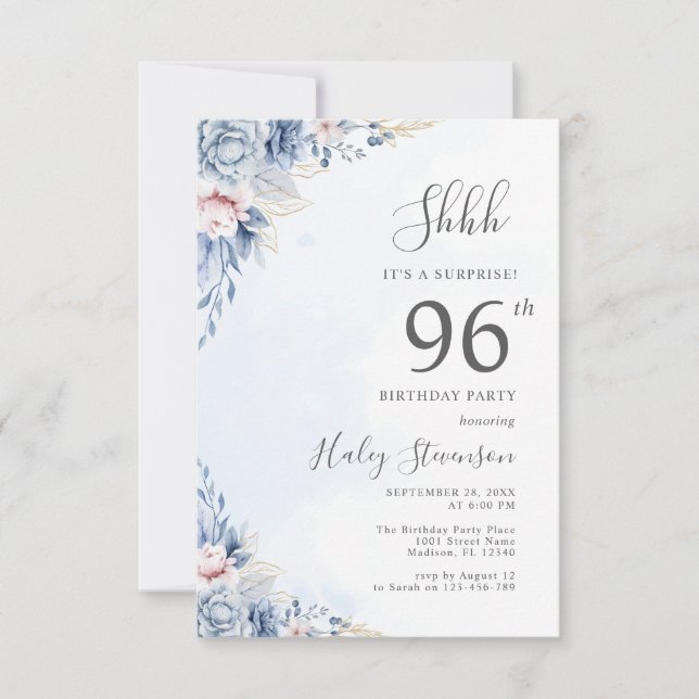 Invitation Aquarelle Dusty Blue Surprise 96e fête anniversair (Devant)