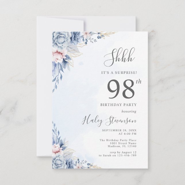 Invitation Aquarelle Dusty Blue Surprise 98e anniversaire (Devant)