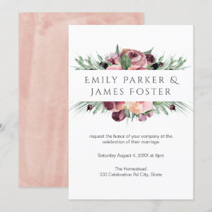 Invitation Aquarelle Dusty Rose Bourgogne Floral Mariage