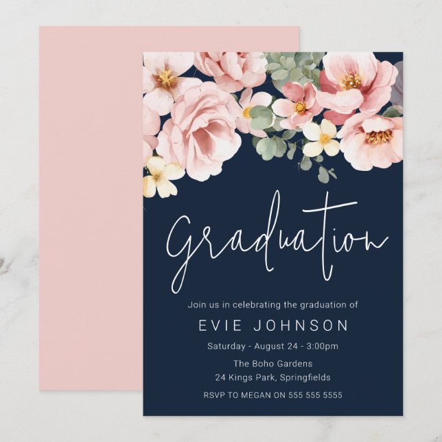Invitation Aquarelle Dusty Rose Graduation marine (Devant / Derrière)