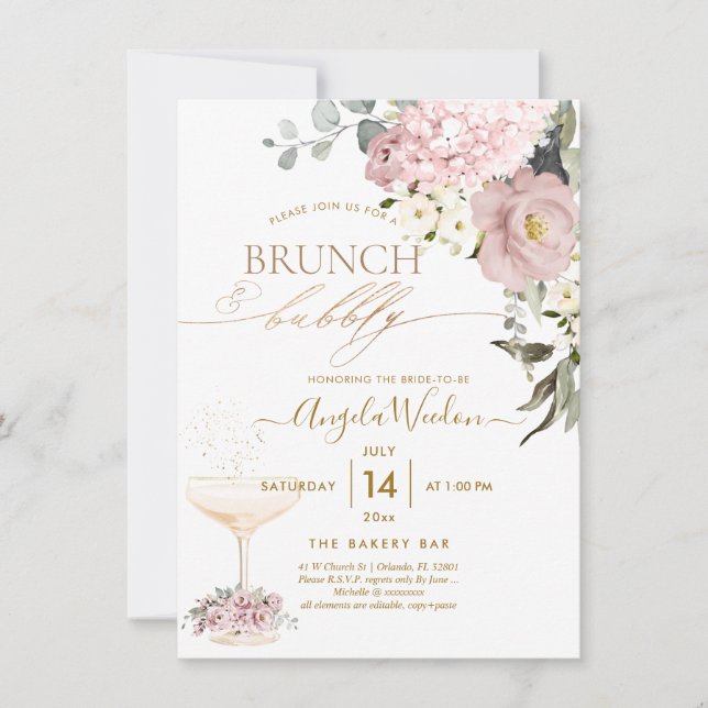 Invitation Aquarelle Dusty Roses Hydrangea Brunch Bubbly (Devant)