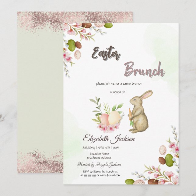 Invitation Aquarelle Eags Bunny Pâques Brunch & Bubbly (Devant / Derrière)