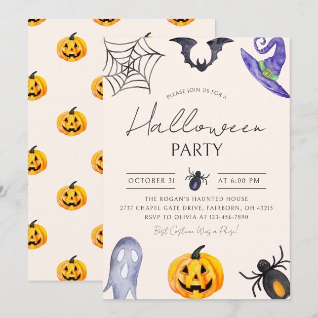 Invitation Aquarelle Éffrayante fête d'Halloween (Devant / Derrière)