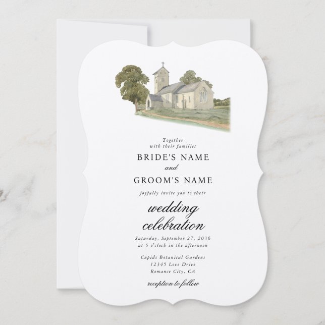 Invitation Aquarelle Eglise traditionnelle Monogramme Mariage (Devant)