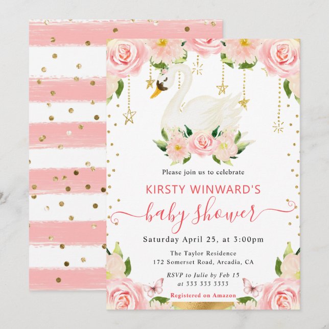 Invitation Aquarelle Élégant Baby shower de cygne floral (Devant / Derrière)