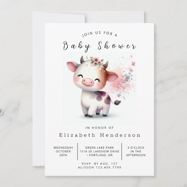 Invitation Aquarelle Élégant Baby shower de vache moderne (Devant)