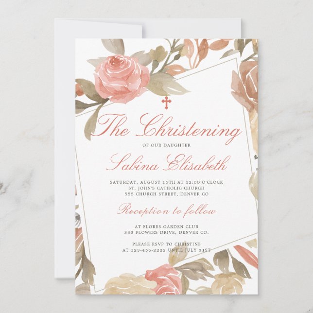 Invitation Aquarelle Élégant rose Floral Christening (Devant)