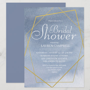 Invitation Aquarelle Élégante Bleu Poussiéreux Géométrique Or