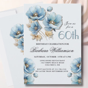 Invitation Aquarelle Elégante Blue Gold Floral 60e anniversai