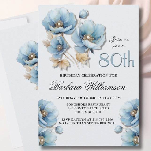 Invitation Aquarelle Elégante Blue Gold Floral 80e anniversai (Créateur téléchargé)