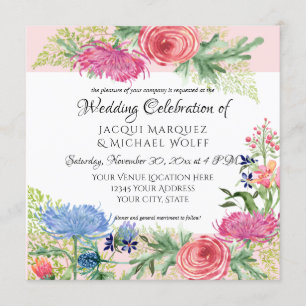 Invitation Aquarelle Elégante Blush Rose Floral n Fern Feuill