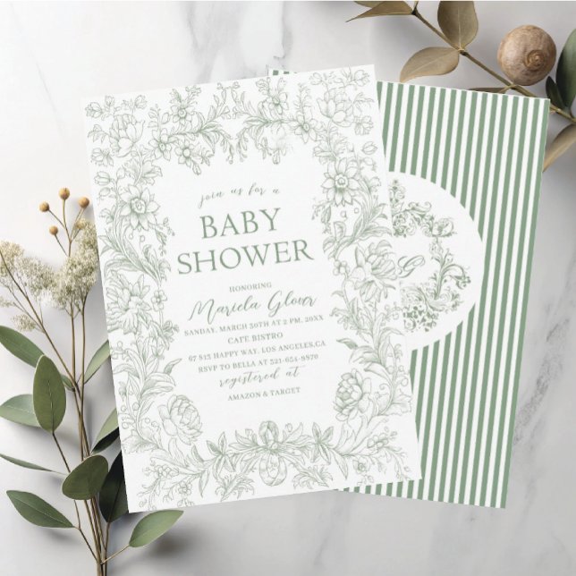 Invitation Aquarelle élégante chinoiserie florale verte Baby (Créateur téléchargé)