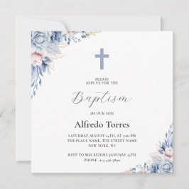 Invitation Aquarelle Elégante Dusty Blue Floral Baby Baptism