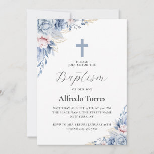 Invitation Aquarelle Elégante Dusty Blue Floral Baby Baptism
