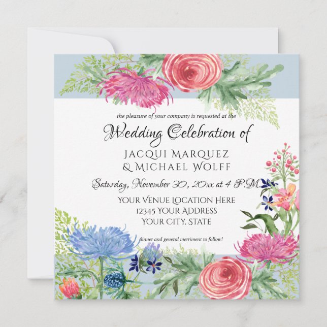 Invitation Aquarelle Elégante Flore Bleu et Feuille de foune  (Devant)