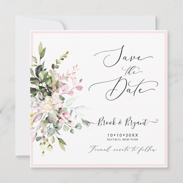 Invitation Aquarelle Élégante Gomme Rose Bleu Eucalyptus (Devant)