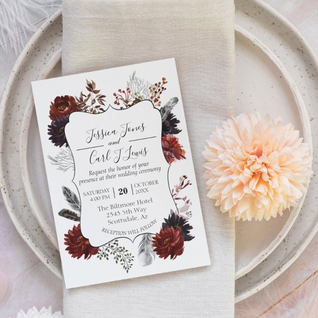 Invitation Aquarelle Elégante Halloween Floral Boho Bourgogne (Créateur téléchargé)