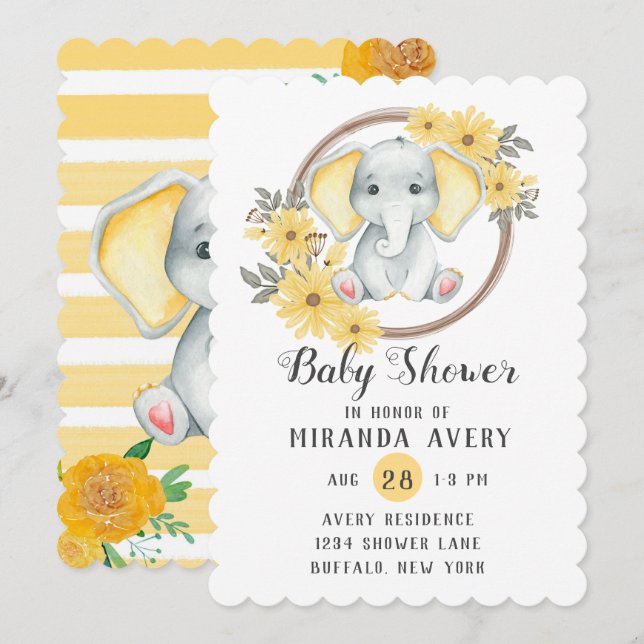 Invitation Aquarelle Elephant Avec Baby shower Jaune (Devant / Derrière)