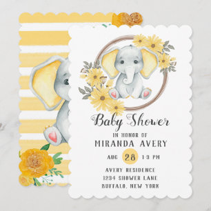 Invitation Aquarelle Elephant Avec Baby shower Jaune