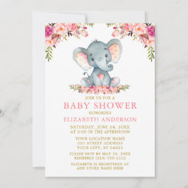 Invitation Aquarelle Eléphant Baby shower rose Floral Or