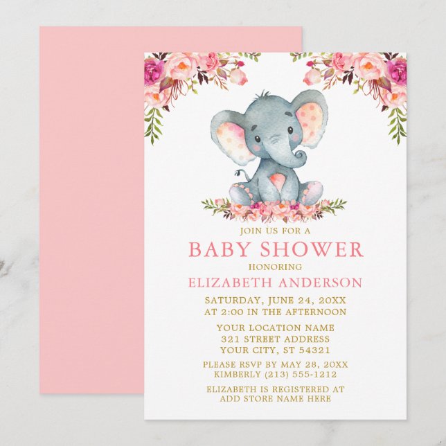 Invitation Aquarelle Eléphant Baby shower rose Floral Or (Devant / Derrière)