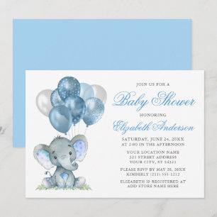 Invitation Aquarelle Eléphant Ballons Baby shower Bleu
