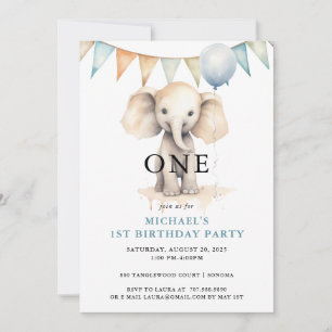 Invitation Aquarelle Elephant Bleu 1er anniversaire