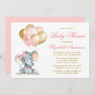 Invitation Aquarelle Eléphant Bow Ballons douche Or rose