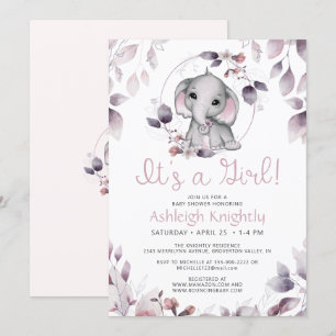 Invitation Aquarelle Eléphant Cute Baby shower fille