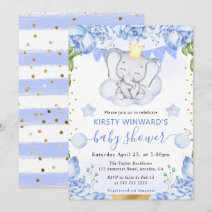 Invitation Aquarelle Eléphant et Roses Bleues Baby Shower