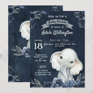 Invitation Aquarelle éléphant garçon Floral Navy Bleu bébé