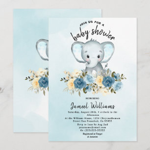 Invitation Aquarelle Elephant Rose Baby shower bleu jaune 