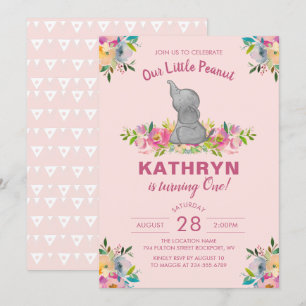 Invitation Aquarelle Eléphant rose Fille Florale 1er annivers