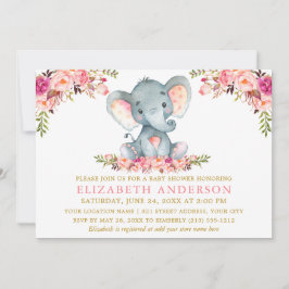 Invitation Aquarelle Eléphant rose Floral Baby shower or