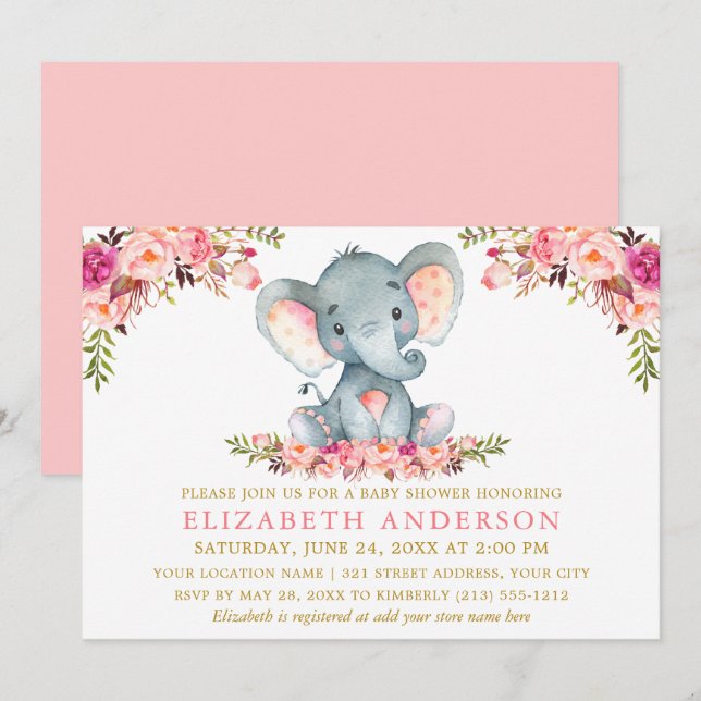 Invitation Aquarelle Eléphant rose Floral Baby shower or (Devant / Derrière)