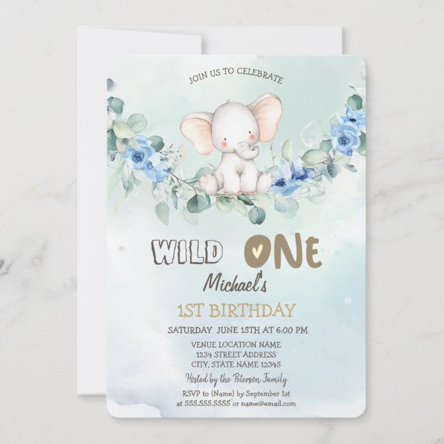 Invitation Aquarelle Elephant Roses Feuilles 1er (Devant)