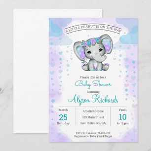 Invitation aquarelle éléphante fille Baby shower floral