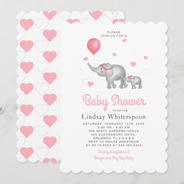 Invitation Aquarelle Eléphants et Baby shower de fille de coe (Devant / Derrière)