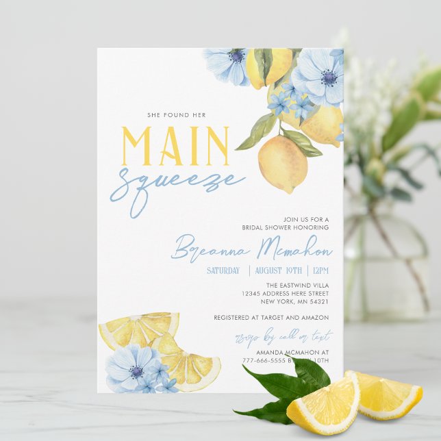 Invitation Aquarelle Elle A Trouvé Son Principal Mariage De C (Trendy Watercolor She Found Her Main Squeeze Lemon Bridal Invitations with Adorable Blue Flowers)