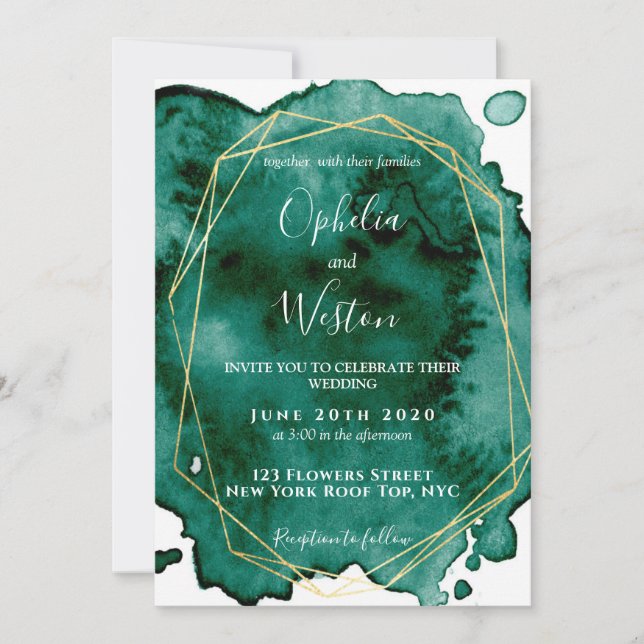 Invitation Aquarelle Emerald Green Gold Frame Mariage de luxe (Devant)