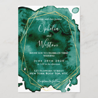 Invitation Aquarelle Emerald Green Gold Frame Mariage de luxe