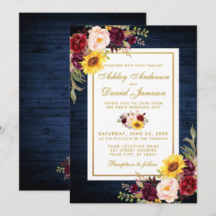 Invitation Aquarelle en bois bleu rustique Mariage or Floral