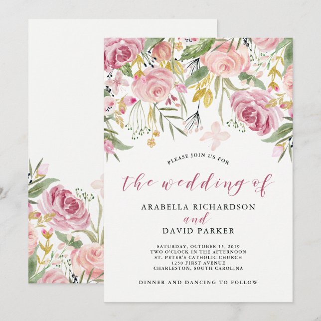 Invitation Aquarelle en fleurs| Mariage floral rose et or (Devant / Derrière)